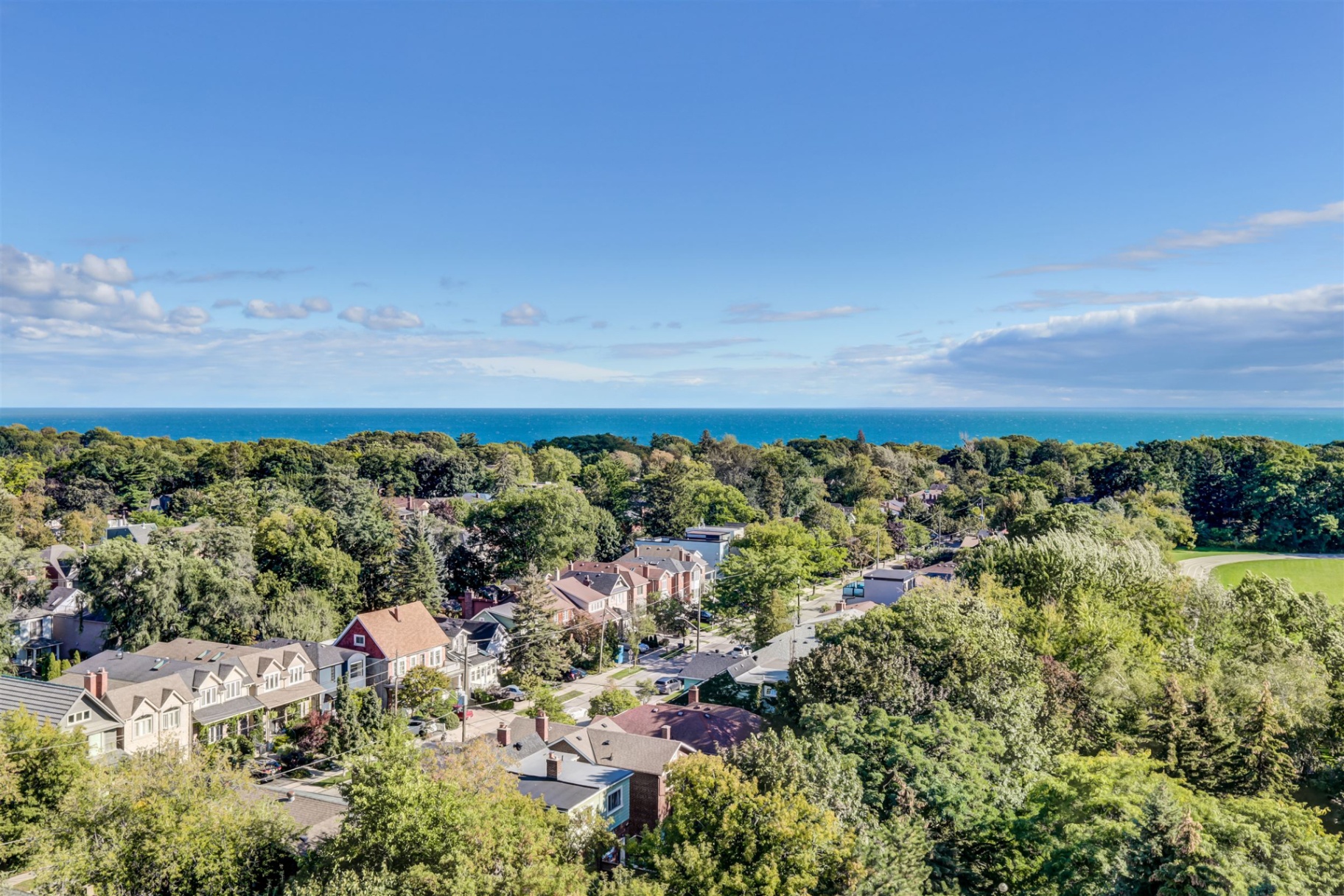 Aerial view of the neighbourhood and Lake Ontario