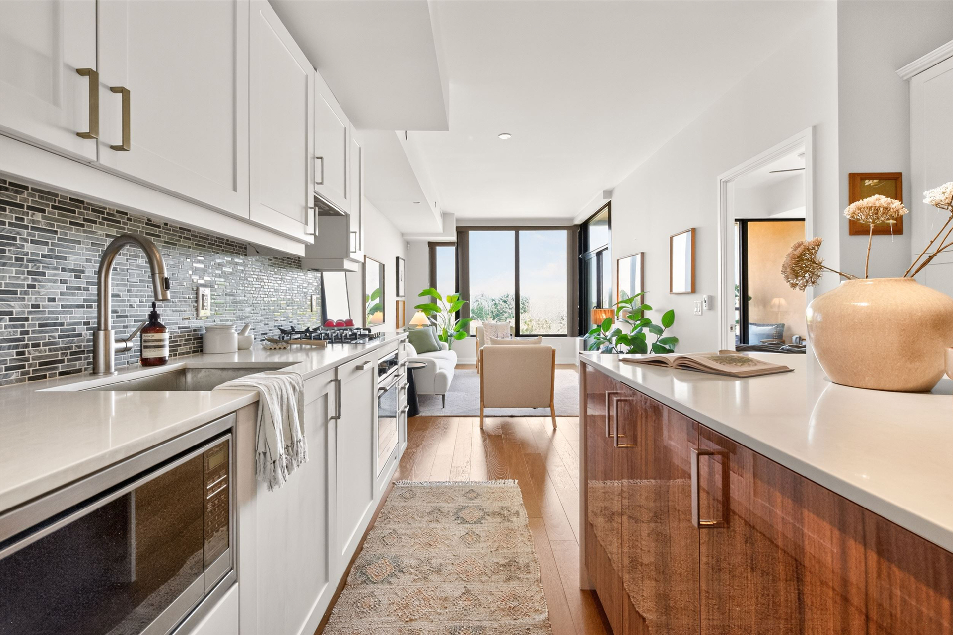 Open-concept kitchen looking toward the living area